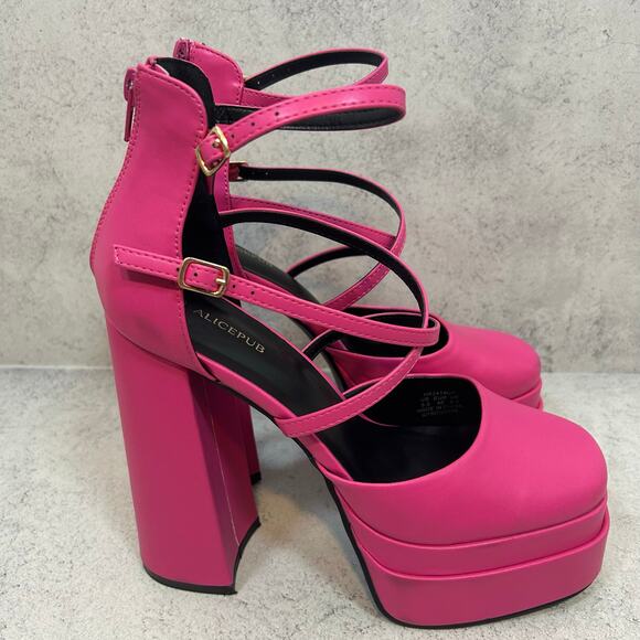 ALICEPUB  Women's Chunky Platform Heels Ankle Strap Square Toe Size 8.5 - Picture 7 of 12
